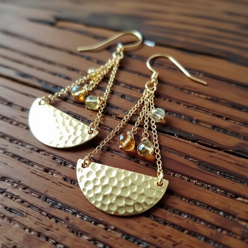 Золотые серьги словно мятое золото в форме узкого изящного полумесяца. Верхушка полумесяца крепится к застежке серьги.  От полумесяца идет три цепочки, у каждой на конце мелкий камушек цитрин