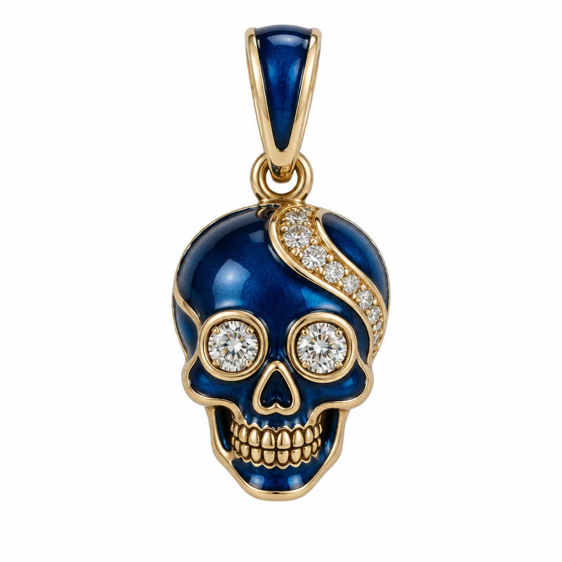 A women's pendant. skull pendant with diamond eyes . in blue
using the attached image as a visual reference, create A women's pendant. skull pendant with diamond eyes . in blue. photorealistic, just the design no text