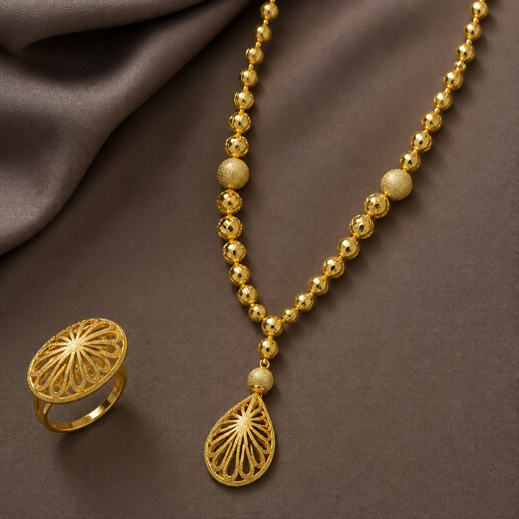 A women's ring made of gold. gold pendant into beads Mala set
photorealistic jewelry design, A women's ring made of gold. gold pendant into beads Mala set, modern style, just the design no text