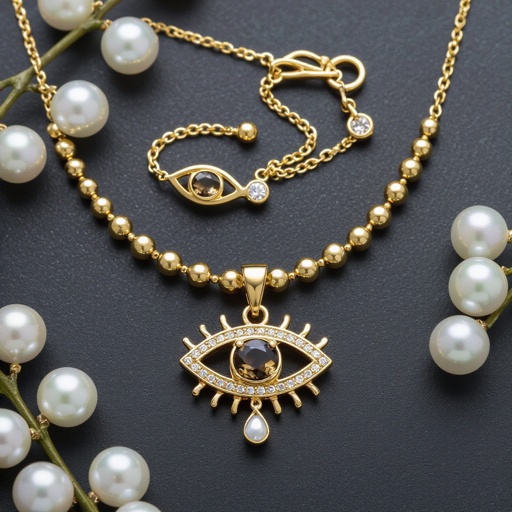 Тонкая цепочка с золотыми шариками и мелкими жемчужными камушками на цепочке есть кулон в форме глаза, зрачок глаза из раухтопаза от глаза идет маленькая подвеска с маленьким камушком 