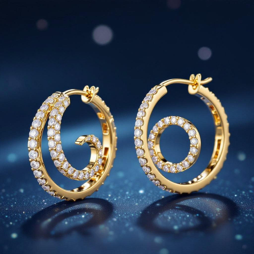 Celestial Orbit Hoops 	•	Style: Overlapping dual hoops; smaller hoop spins on axis inside larger hoop. 	•	Dimensions: Outer hoop Ø 28 mm; inner hoop Ø 18 mm. 	•	Material: 18K gold-plated sterling silver or brass base. 	•	Gem Details: Outer hoop paved with lab diamond dusting (VS, 0.8mm–1mm stones). 	•	Closure: Lock-in hinge snap closure. 	•	Notes: Movement must be smooth and durable for spinning hoop. 