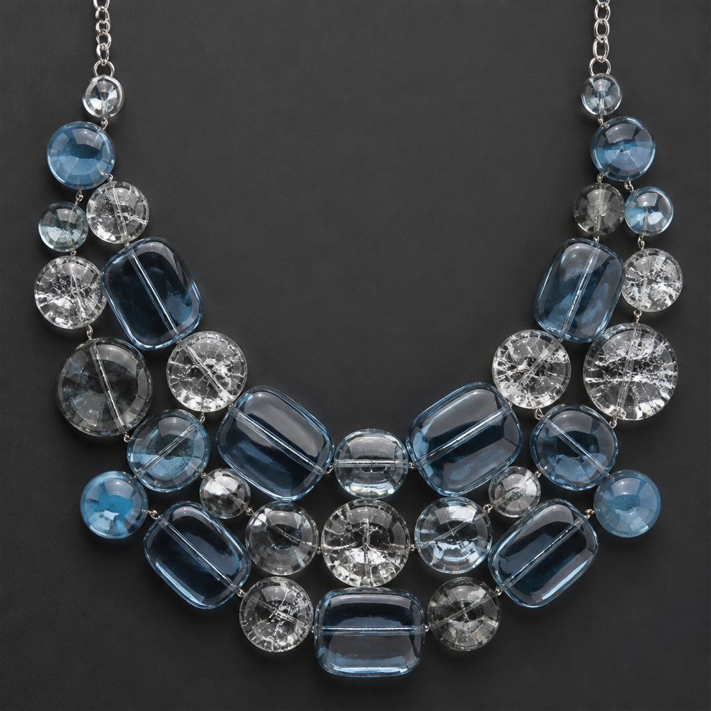 A women's necklace. create a bib necklace design with chunky rectangular and round glass beads
photorealistic jewelry design, A women's necklace. create a bib necklace design with chunky rectangular and round glass beads, modern style, just the design no text