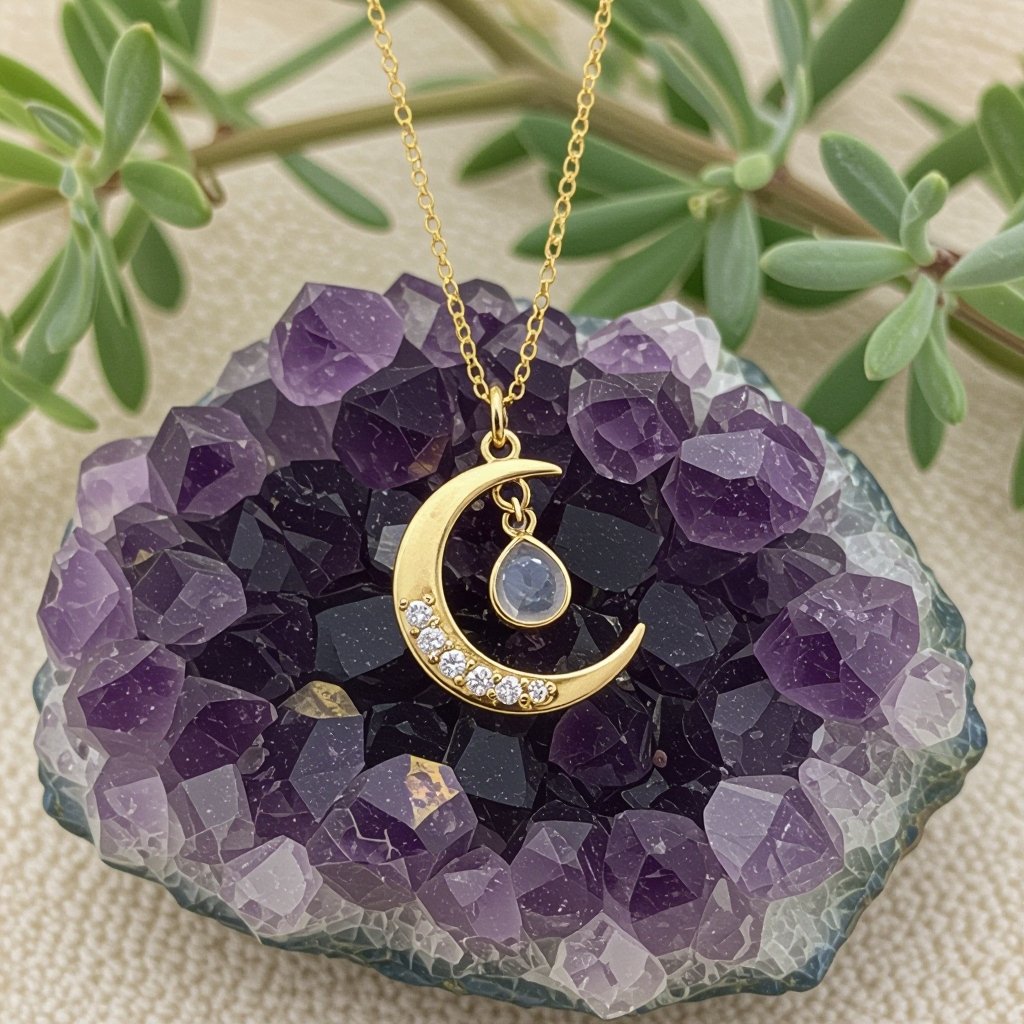 Луна полумесяцем с мелкими камушками и маленький в виде кристала лунный камень подвеска