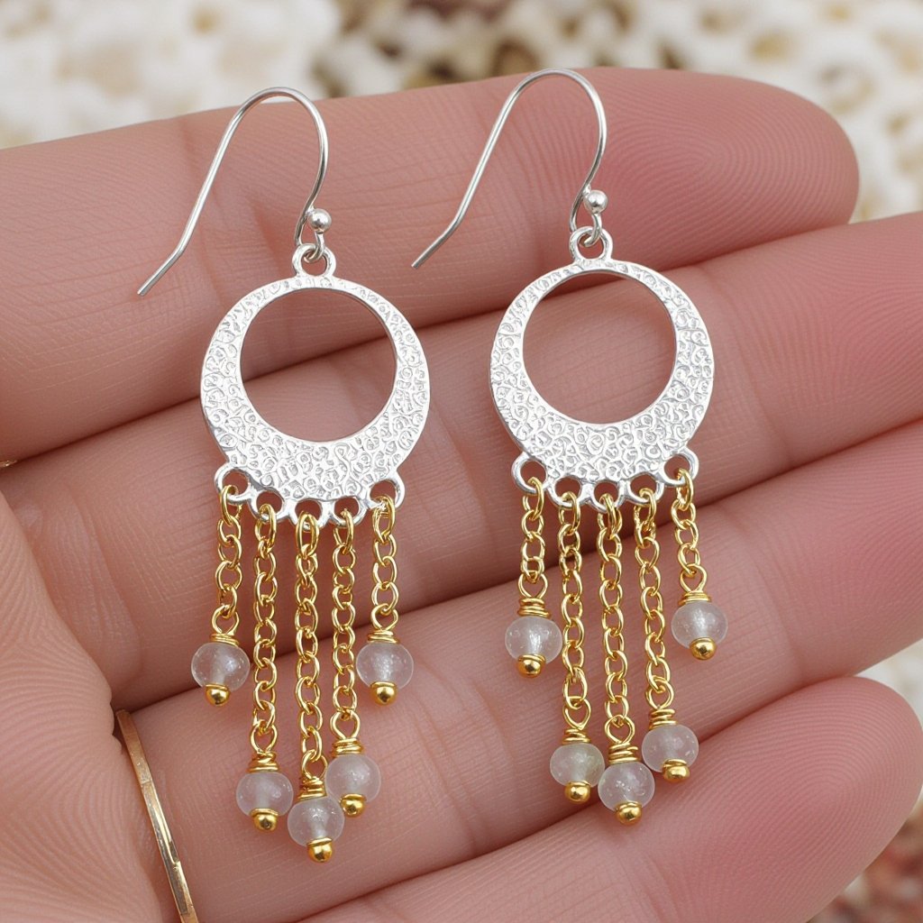 Серебряные серьги словно мятое серебро в форме полумесяца вертикальныйсверху крепится к швензе. От полумесяца идет три цепочки золотого цвета, у каждой на конце мелкий камушек лунный камень