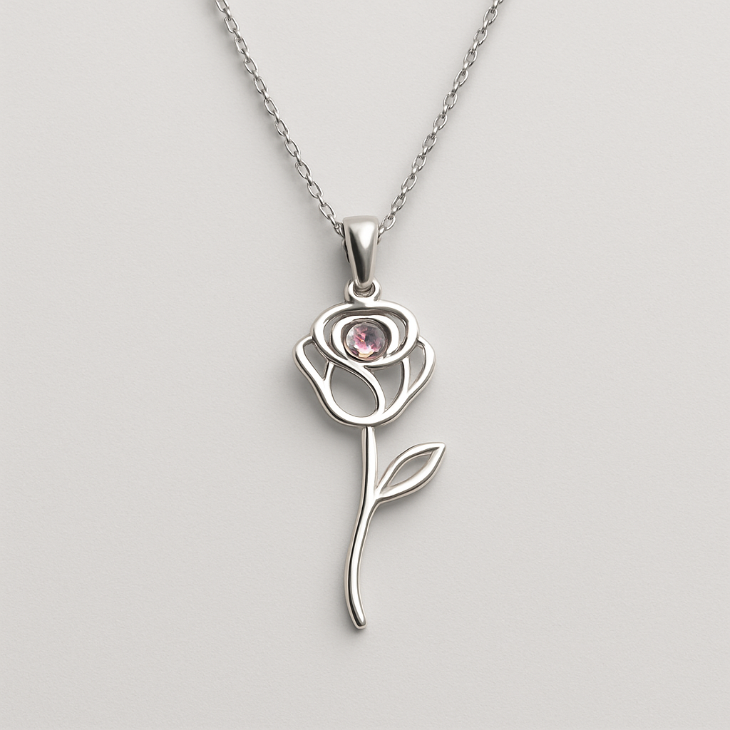 Create an earring with "Eternal Bloom" Necklace: A silver chain with a pendant of a small, stylized rose made from polished silver, with a single dewdrop-like pink cubic zirconia at its center.
