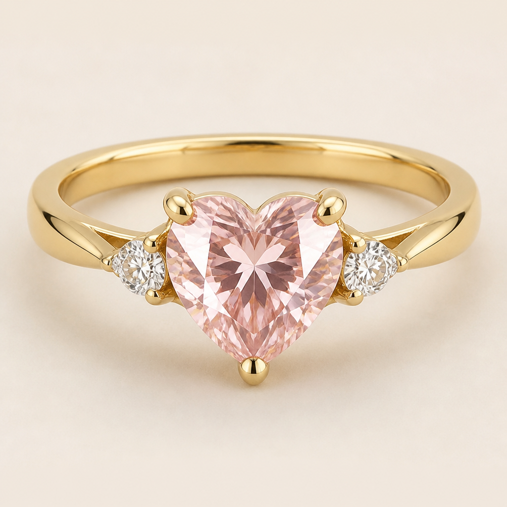 A women's ring made of gold suitable for engagement. heart shape light pink stone
photorealistic jewelry design, A women's ring made of gold suitable for engagement. heart shape light pink stone, modern style, just the design no text