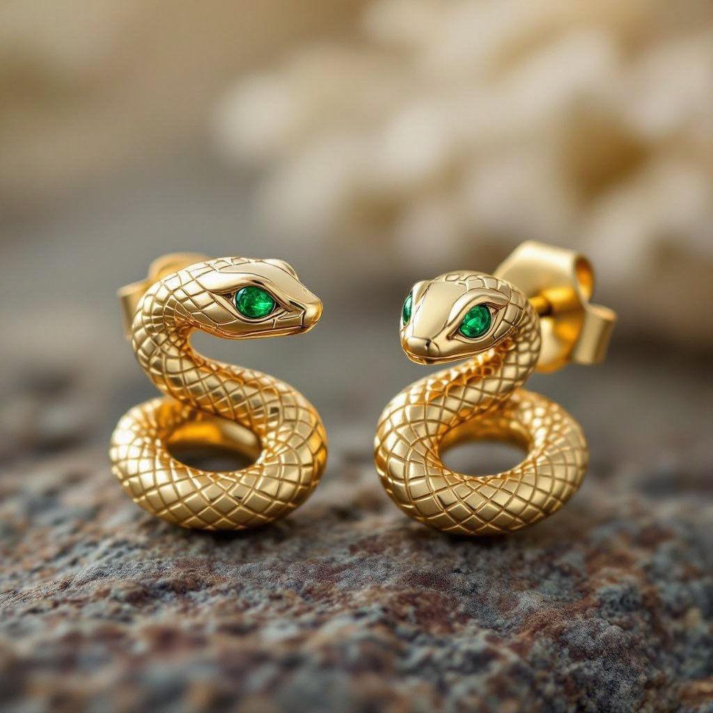 Небольшие золотые матовые серьги в виде символической змеи
