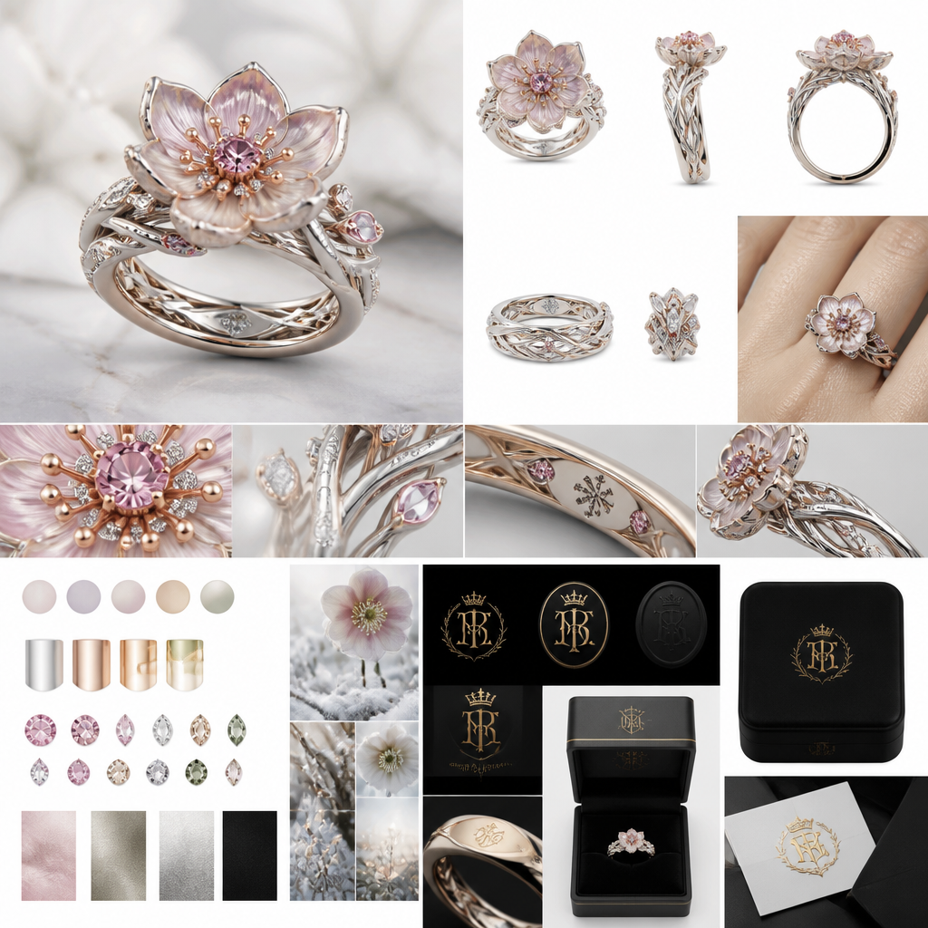 A women's ring. You are an award-winning Haute Joaillerie Creative Director and Master Jewelry Designer for luxury houses such as Van Cleef & Arpels, Boucheron, Cartier, and Buccellati.
Design a one-of-a-kind signature ring that represents my personal identity. This is not simply a piece of jewelry—it is my personal emblem, my life story, and a future family heirloom.
## Main Inspiration
The ring is inspired by the Hellebore (Winter Rose), the flower that blooms during the coldest and harshest winter when almost nothing else survives. It symbolizes resilience, quiet strength, transformation, feminine power, self-love, grace under pressure, hope, and beauty that flourishes through adversity.
The emotional message of the ring should be:
"I bloom where others cannot."
## Design Language
Create a design that feels organic, elegant, feminine, timeless, and luxurious.
Avoid making it look like a flower sitting on top of a ring.
Instead, the flower should naturally grow from flowing branches that wrap around the finger like living sculpture.
Every curve should feel intentional and graceful.
The design should look like a museum masterpiece.
## Daily Wear Requirements
Although it must look like high jewelry, it should also be engineered for comfortable everyday wear.
The AI should redesign every structural element with wearability in mind.
Requirements:
• Low-profile center stone that won't catch on clothing
• Rounded interior comfort-fit band
• Balanced weight
• Smooth edges
• Strong hidden support under the flower
• Durable enough for everyday luxury wear
• Elegant from every viewing angle
## Flower
Design a realistic Hellebore flower with soft botanical proportions.
Five elegant petals with delicate textures.
Soft curved edges.
Not cartoonish.
Natural and sophisticated.
The petals should look alive.
## Color Palette
Use a refined feminine luxury palette.
Mixed precious metals:
• Platinum
• White Gold
• Soft Rose Gold accents
Flower petals:
Soft blush pink
Soft lavender
Champagne ivory
Pearlescent white
Very subtle gradients
Center stone:
Choose the most elegant option:
Pink diamond
Pink sapphire
Morganite
Fancy light pink diamond
Accent stones:
White diamonds
Champagne diamonds
Tiny pink sapphires
Very small lavender gemstones
Tiny green tsavorites only as hidden leaves.
The colors should remain sophisticated—not colorful for the sake of being colorful.
Think quiet luxury.
## Hidden Symbolism
Hide meaningful details only the wearer knows.
Examples:
Hidden snowflake
Infinity symbol
Hidden star
Tiny heart
Secret blooming bud
Frozen branches
Subtle winter crystal textures
Everything should have symbolic meaning.
## Feminine Energy
The ring should communicate:
Softness
Confidence
Grace
Strength
Elegance
Wisdom
Inner peace
Quiet power
Luxury without excess
It should feel powerful without looking aggressive.
## My Personal Signature Logo
Create an original luxury monogram that becomes my personal jewelry hallmark.
Requirements:
• Elegant luxury logo
• Timeless
• Minimal
• Looks authentic
• Suitable for engraving inside every future jewelry piece
• Inspired by luxury maisons
• Fine line design
• Circular seal version
• Monogram version
• Wax seal version
• Black and gold presentation
• Include several logo concepts
The logo should represent:
Resilience
Blooming in winter
Feminine power
Luxury
Authenticity
Timeless elegance
## Presentation Board
Do NOT only render the ring.
Create a complete luxury jewelry presentation board similar to those used by high-jewelry design studios.
Include:
• Hero render
• Front view
• Side view
• Top view
• Back view
• Inside view
• Finger-wear render
• Close-up macro details
• Color palette
• Material palette
• Gemstone selection
• Symbolism explanation
• Comfort engineering notes
• Hidden details callouts
• Manufacturing notes
• Personal logo concepts
• Branding direction
• Luxury packaging concept
• Jewelry certificate concept
• Signature jewelry box
• Authentication card
• Hallmark placement
• Designer notes
The entire presentation should look like it came directly from the design department of a world-famous haute joaillerie house.
Ultra-realistic, photorealistic, museum quality, editorial luxury presentation, refined typography, clean white layout, premium design board, 8K, award-winning jewelry concept.
photorealistic jewelry design, A women's ring. You are an award-winning Haute Joaillerie Creative Director and Master Jewelry Designer for luxury houses such as Van Cleef & Arpels, Boucheron, Cartier, and Buccellati.
Design a one-of-a-kind signature ring that represents my personal identity. This is not simply a piece of jewelry—it is my personal emblem, my life story, and a future family heirloom.
## Main Inspiration
The ring is inspired by the Hellebore (Winter Rose), the flower that blooms during the coldest and harshest winter when almost nothing else survives. It symbolizes resilience, quiet strength, transformation, feminine power, self-love, grace under pressure, hope, and beauty that flourishes through adversity.
The emotional message of the ring should be:
"I bloom where others cannot."
## Design Language
Create a design that feels organic, elegant, feminine, timeless, and luxurious.
Avoid making it look like a flower sitting on top of a ring.
Instead, the flower should naturally grow from flowing branches that wrap around the finger like living sculpture.
Every curve should feel intentional and graceful.
The design should look like a museum masterpiece.
## Daily Wear Requirements
Although it must look like high jewelry, it should also be engineered for comfortable everyday wear.
The AI should redesign every structural element with wearability in mind.
Requirements:
• Low-profile center stone that won't catch on clothing
• Rounded interior comfort-fit band
• Balanced weight
• Smooth edges
• Strong hidden support under the flower
• Durable enough for everyday luxury wear
• Elegant from every viewing angle
## Flower
Design a realistic Hellebore flower with soft botanical proportions.
Five elegant petals with delicate textures.
Soft curved edges.
Not cartoonish.
Natural and sophisticated.
The petals should look alive.
## Color Palette
Use a refined feminine luxury palette.
Mixed precious metals:
• Platinum
• White Gold
• Soft Rose Gold accents
Flower petals:
Soft blush pink
Soft lavender
Champagne ivory
Pearlescent white
Very subtle gradients
Center stone:
Choose the most elegant option:
Pink diamond
Pink sapphire
Morganite
Fancy light pink diamond
Accent stones:
White diamonds
Champagne diamonds
Tiny pink sapphires
Very small lavender gemstones
Tiny green tsavorites only as hidden leaves.
The colors should remain sophisticated—not colorful for the sake of being colorful.
Think quiet luxury.
## Hidden Symbolism
Hide meaningful details only the wearer knows.
Examples:
Hidden snowflake
Infinity symbol
Hidden star
Tiny heart
Secret blooming bud
Frozen branches
Subtle winter crystal textures
Everything should have symbolic meaning.
## Feminine Energy
The ring should communicate:
Softness
Confidence
Grace
Strength
Elegance
Wisdom
Inner peace
Quiet power
Luxury without excess
It should feel powerful without looking aggressive.
## My Personal Signature Logo
Create an original luxury monogram that becomes my personal jewelry hallmark.
Requirements:
• Elegant luxury logo
• Timeless
• Minimal
• Looks authentic
• Suitable for engraving inside every future jewelry piece
• Inspired by luxury maisons
• Fine line design
• Circular seal version
• Monogram version
• Wax seal version
• Black and gold presentation
• Include several logo concepts
The logo should represent:
Resilience
Blooming in winter
Feminine power
Luxury
Authenticity
Timeless elegance
## Presentation Board
Do NOT only render the ring.
Create a complete luxury jewelry presentation board similar to those used by high-jewelry design studios.
Include:
• Hero render
• Front view
• Side view
• Top view
• Back view
• Inside view
• Finger-wear render
• Close-up macro details
• Color palette
• Material palette
• Gemstone selection
• Symbolism explanation
• Comfort engineering notes
• Hidden details callouts
• Manufacturing notes
• Personal logo concepts
• Branding direction
• Luxury packaging concept
• Jewelry certificate concept
• Signature jewelry box
• Authentication card
• Hallmark placement
• Designer notes
The entire presentation should look like it came directly from the design department of a world-famous haute joaillerie house.
Ultra-realistic, photorealistic, museum quality, editorial luxury presentation, refined typography, clean white layout, premium design board, 8K, award-winning jewelry concept., modern style, just the design no text