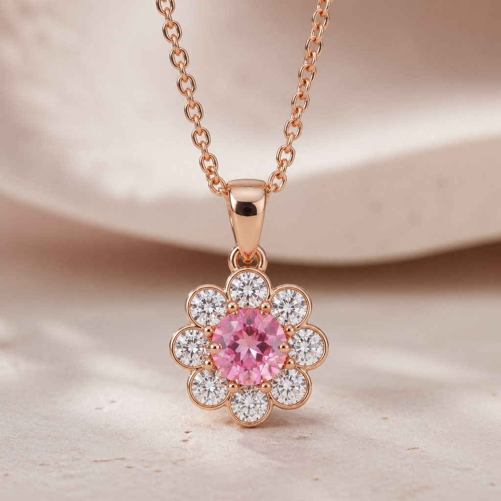 . Refinement: i want flower shape like light pink ruby in center and surrounded by mini dimonds like mini dimonds forming petals surrounding light pink ruby , ruby is center of flower
keep metal same rose gold and ruby light pink
photorealistic jewelry design, . Refinement: i want flower shape like light pink ruby in center and surrounded by mini dimonds like mini dimonds forming petals surrounding light pink ruby , ruby is center of flower
keep metal same rose gold and ruby light pink, Luxury style, just the design no text