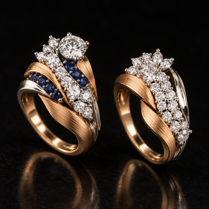 A contemporary women's ring made of mixed metal with diamond and sapphire stones. design 2 rings using the photo for gem size reference. the first ring should contain 33 of the smaller diamonds, 7 of the sapphires, and the one larger diamond. the 2nd ring should contain 34 of the smaller diamonds.
using the attached image as a visual reference, create A contemporary women's ring made of mixed metal with diamond and sapphire stones. design 2 rings using the photo for gem size reference. the first ring should contain 33 of the smaller diamonds, 7 of the sapphires, and the one larger diamond. the 2nd ring should contain 34 of the smaller diamonds.. photorealistic, just the design no text