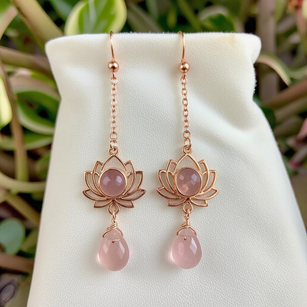 Светлое матовое золото. Серьги с лотосом на длинных цепочках. По центру лотоса камень необрабаботанного розового кварца, от лотоса идет цепочка с еще одним камнем кварца на конце. Серьги тонкие и легкие