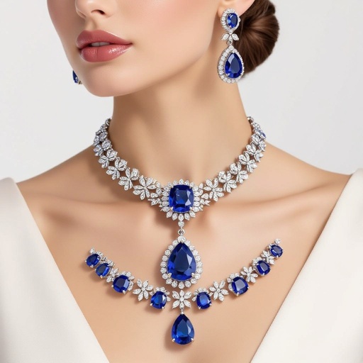 luxury necklace style and luxury earring set Platinum necks lace, sapphire , diamond accents, prong setting. Matching platinum earrings, sapphire pear drops, diamond accents, prong setting.