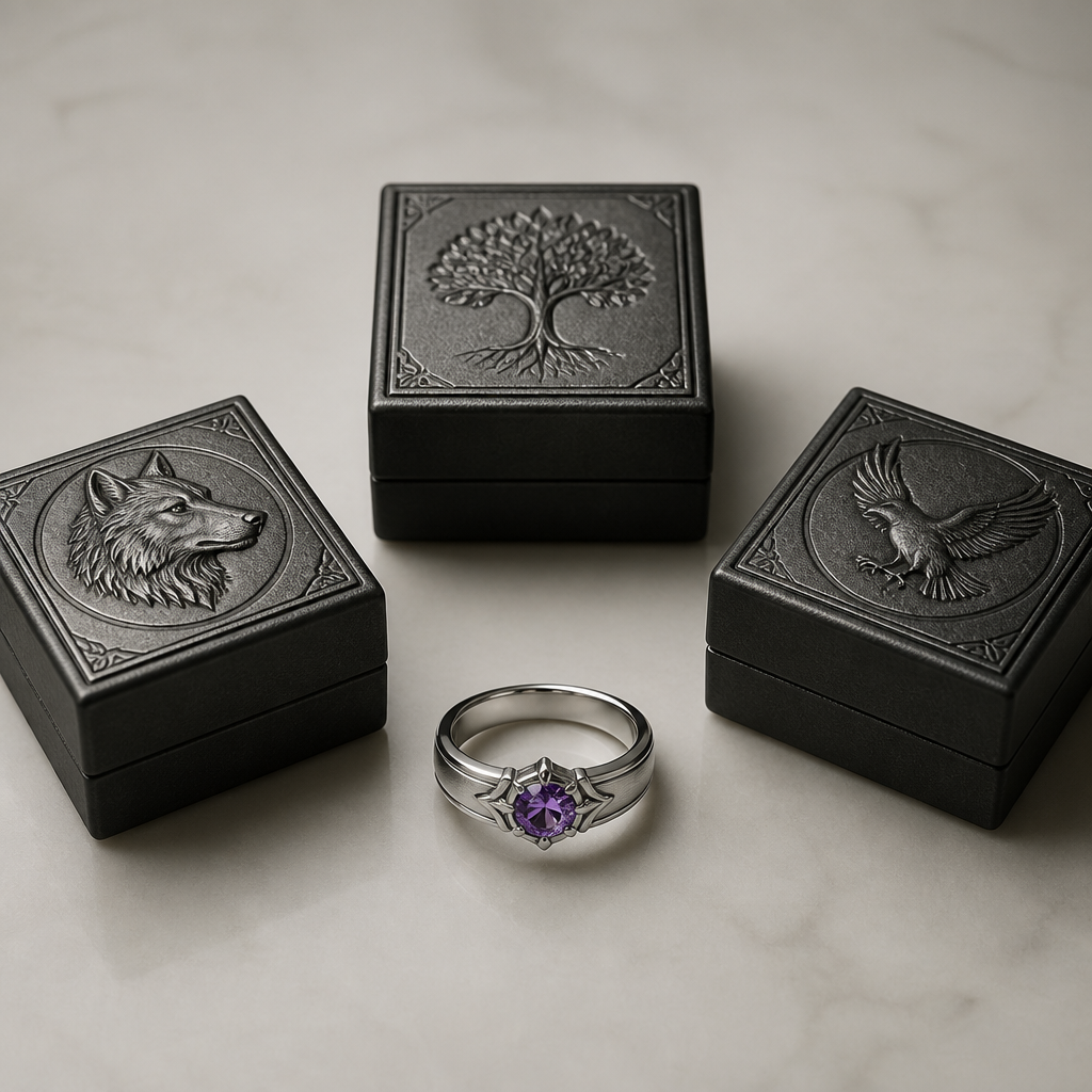 Band ring with purple jewel in the middle and put three box designs around the rings with each box having a engraved picture in the middle of them
photorealistic jewelry design, Band ring with purple jewel in the middle and put three box designs around the rings with each box having a engraved picture in the middle of them, just the design no text