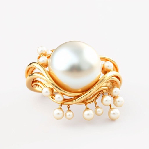 A golden ring with a pearl in the middle, the ring curving into an elegant wave type circle around the pearl. I want it to have a very elegant and beautiful design.