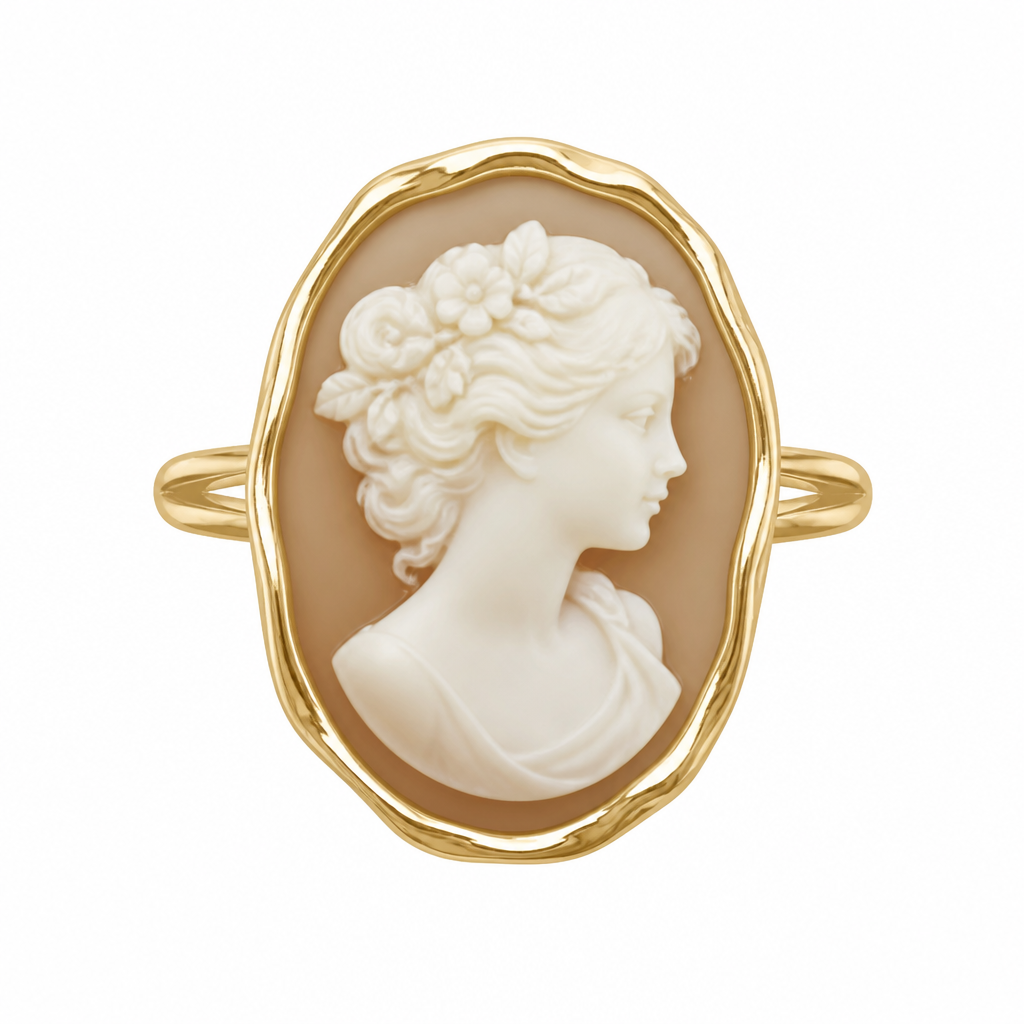 A women's ring. このカメオの縁の枠部分だけ、手書き風に出来ない?
photorealistic jewelry design, A women's ring. このカメオの縁の枠部分だけ、手書き風に出来ない?, modern style, just the design no text