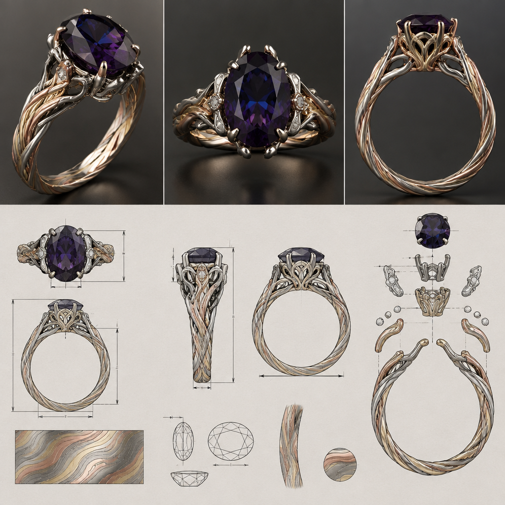 A industrial women's ring made of silver, highly ornate, intricate and elaborate, richly detailed. i would like a ring with a deep dark purple/mauve almost not see thru with blueish reflection oval spinel mounted something feminin and also wicked and simplistic and durable also elegant and stylish the shank would be 3 colors silver gold and rose gold in a mokume gane style twist in the metal pattern with a bascket style mount for the gem
i would like to see a photo reealistic rendering of the piece and also a sketch with detailed measurment and assembling plan
photorealistic jewelry design, A industrial women's ring made of silver, highly ornate, intricate and elaborate, richly detailed. i would like a ring with a deep dark purple/mauve almost not see thru with blueish reflection oval spinel mounted something feminin and also wicked and simplistic and durable also elegant and stylish the shank would be 3 colors silver gold and rose gold in a mokume gane style twist in the metal pattern with a bascket style mount for the gem
i would like to see a photo reealistic rendering of the piece and also a sketch with detailed measurment and assembling plan, industrial style, just the design no text