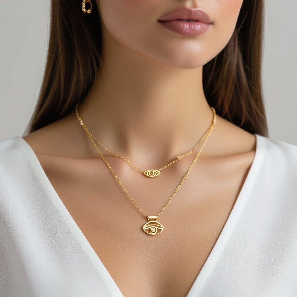 Кулон на длинной цепочке. Матовое светлое золото. В цепочке небольшие золотые шарики и жемчуг. Кулон это перевернутый глаз, снизу еще два глаза узоры завитушки 