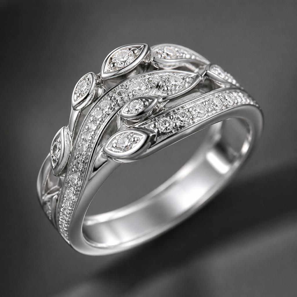 A modern women's ring made of platinum with diamond stones suitable for formal, detailed and decorative, moderately ornate
photorealistic jewelry design, A modern women's ring made of platinum with diamond stones suitable for formal, detailed and decorative, moderately ornate, modern style, just the design no text