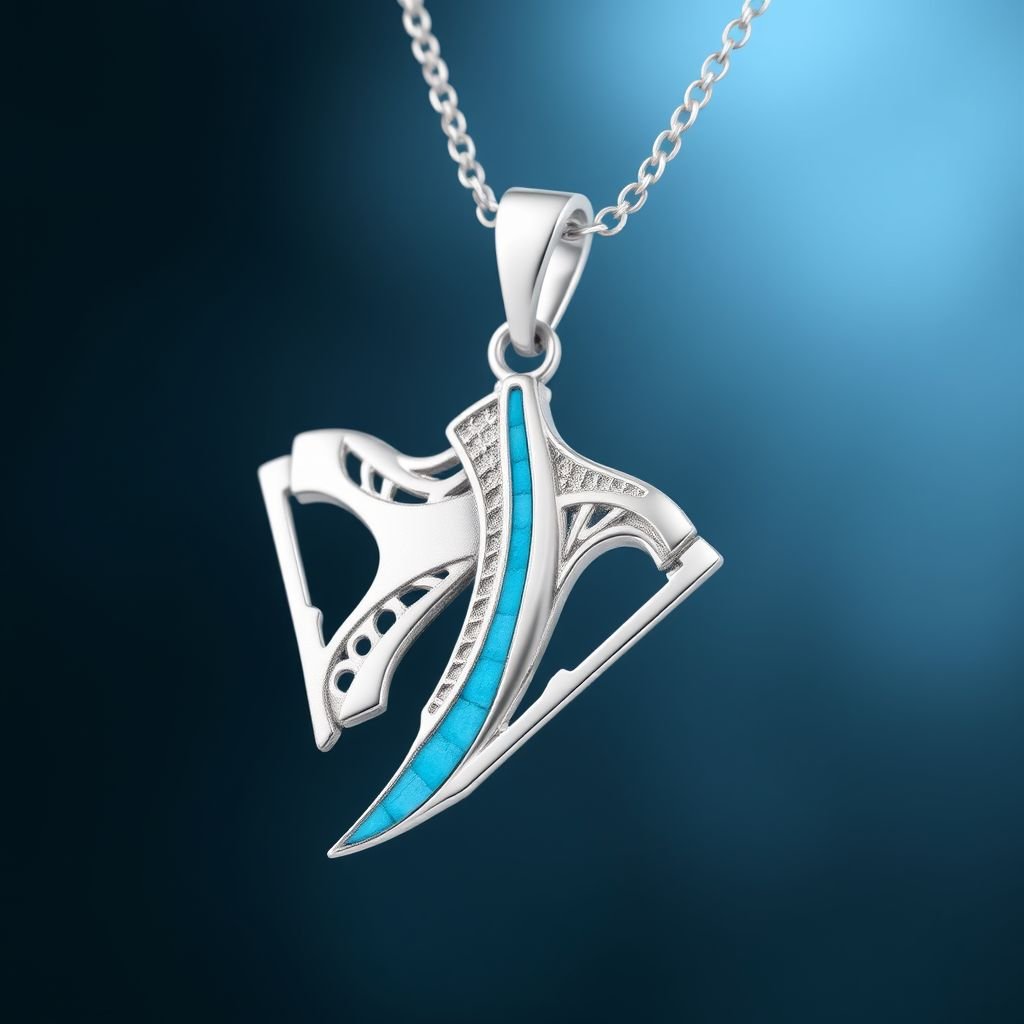 Silver pendant in the shape of ice skating blades with a turquoise stripe within the blade