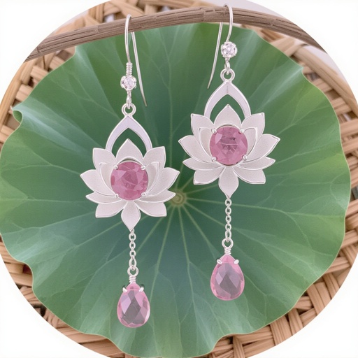 Светлое матовое золото. Серьги с лотосом на длинных цепочках. По центру лотоса неровный камень необрабаботанного розового кварца, от лотоса идет цепочка с еще одним камнем кварца на конце. Серьги тонкие и легкие