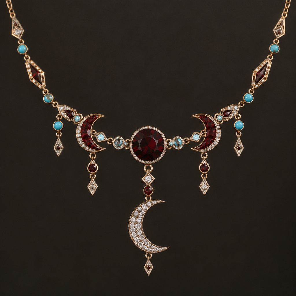 A art deco women's necklace with diamond and garnet and turquoise stones suitable for engagement. necklace of moon, cresent moon in burgundy and the last moon diamond
photorealistic jewelry design, A art deco women's necklace with diamond and garnet and turquoise stones suitable for engagement. necklace of moon, cresent moon in burgundy and the last moon diamond, art_deco style, just the design no text