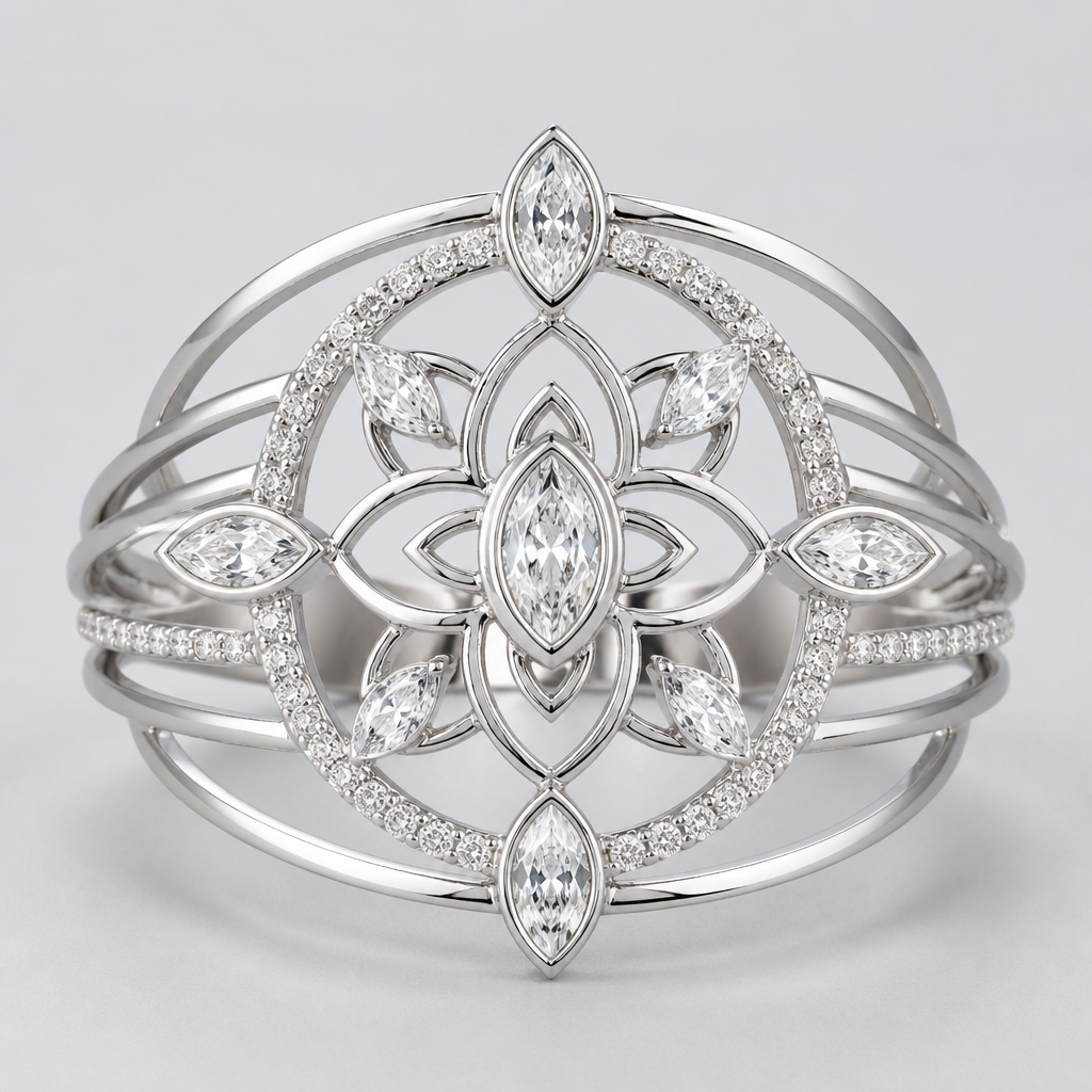 A women's ring made of silver with diamond stones. bague style mandala feminin delicat et metal avec plusieurs fine ligne, avec et sans diamant de forme oval exterieur pierre marquise au centre
photorealistic jewelry design, A women's ring made of silver with diamond stones. bague style mandala feminin delicat et metal avec plusieurs fine ligne, avec et sans diamant de forme oval exterieur pierre marquise au centre, modern style, just the design no text