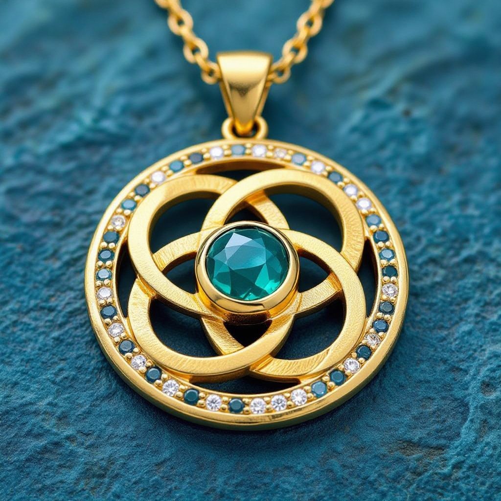 Подвеска из матового золота с узорами и мелкими необработанными матовыми камнями в форме двух пересекающихся окружностей и глаза между ними