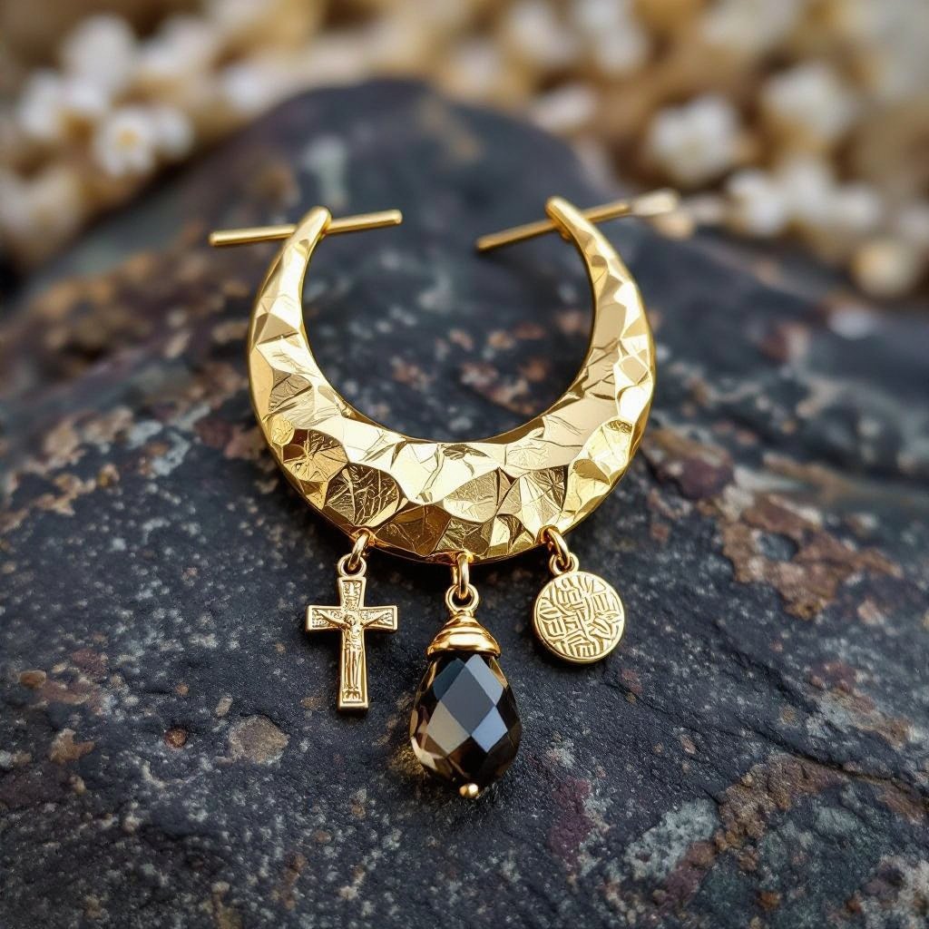 Золотые серьги словно мятое золото в форме узкого изящного полумесяца. Верхушка полумесяца крепится к застежке серьги. К нижней части полумесяца крепятся три подвески: миниатюрный золотой египетриский крест, очень маленький кристалл раухтопаза и маленький золотой кружочек с мятым эффектом плоский