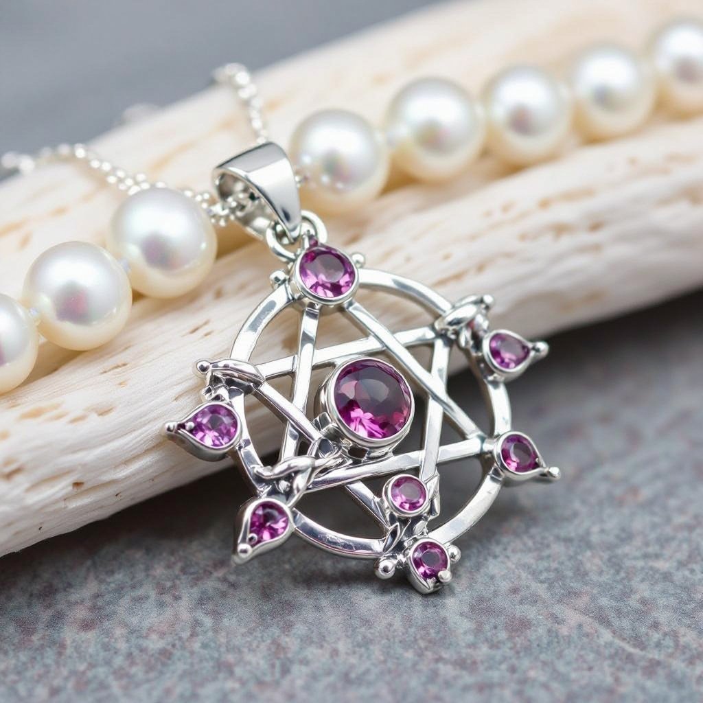 A Merkabah symbol with pink quartz and pearls