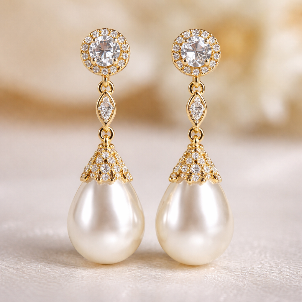 Short Gold Pearl drop earrings with white sapphires