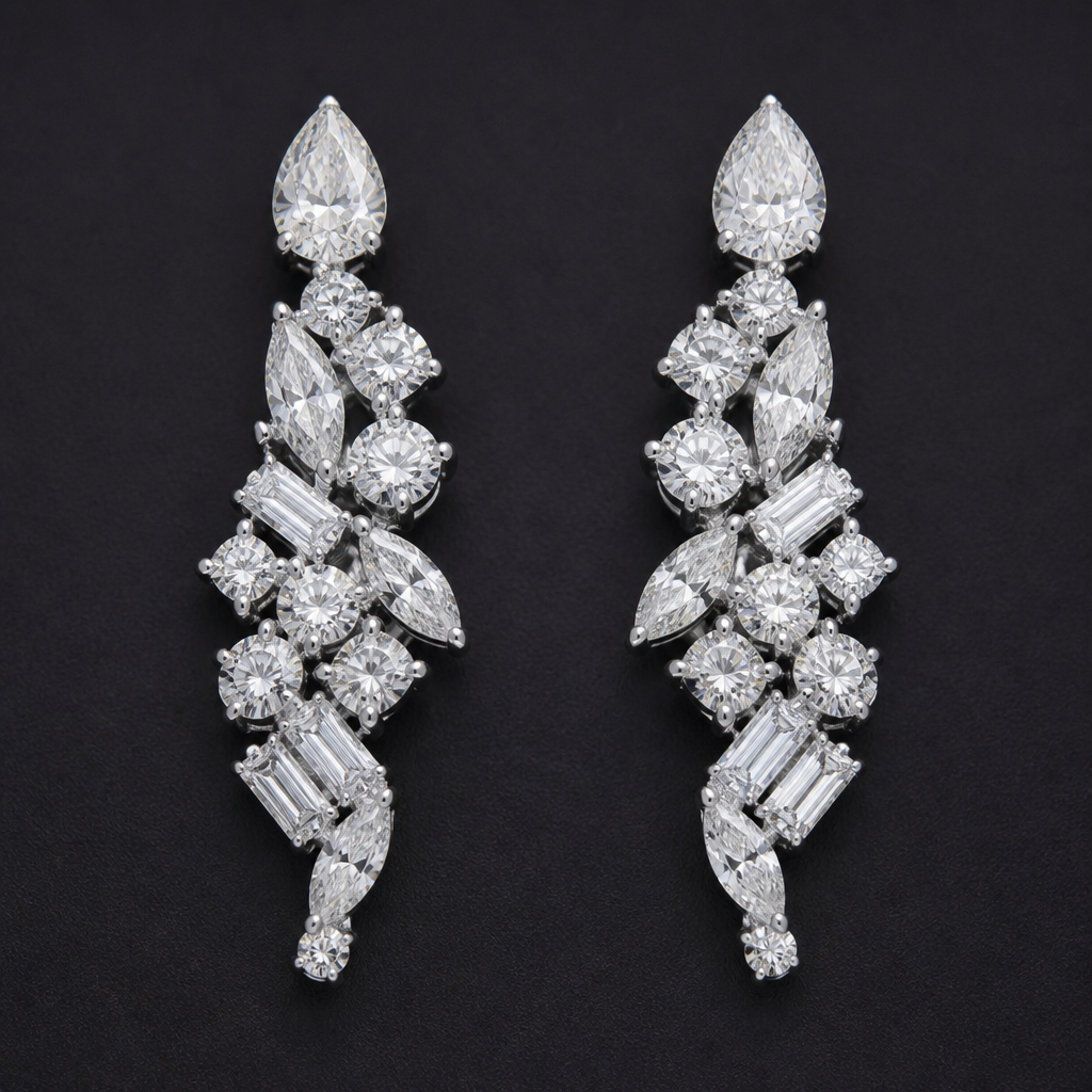 Various shape melee diamonds in earrings
photorealistic jewelry design, Various shape melee diamonds in earrings, classic style, just the design no text