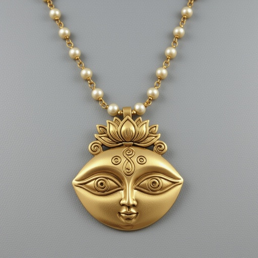 Кулон на длинной цепочке. Матовое светлое золото. В цепочке небольшие золотые шарики и жемчуг. Кулон в виде двух глаз над ними лотос узоры завитушки 