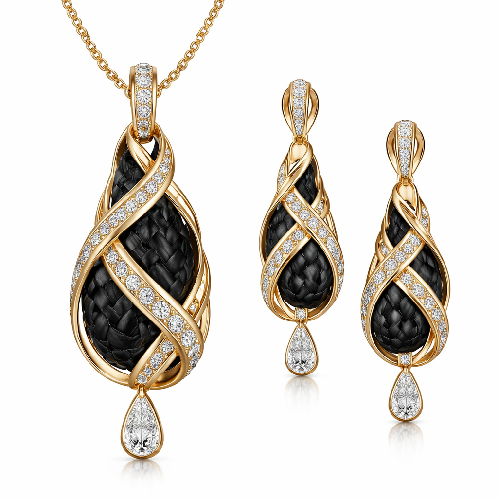 Create pendant and earrings with diamonds, with leather design in gold