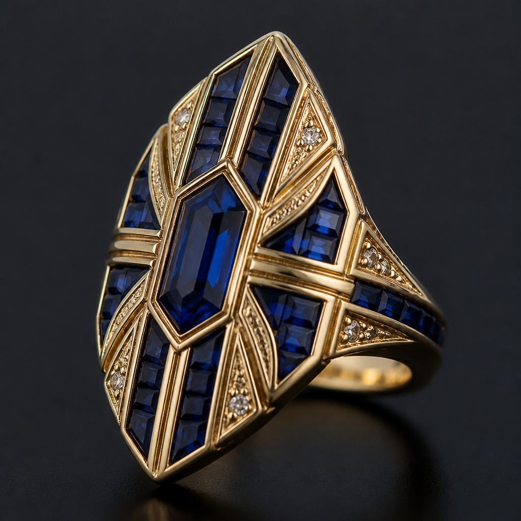 A art deco women's ring made of gold with sapphire stones. кольцо перстень на указательный палец
photorealistic jewelry design, A art deco women's ring made of gold with sapphire stones. кольцо перстень на указательный палец, art_deco style, just the design no text