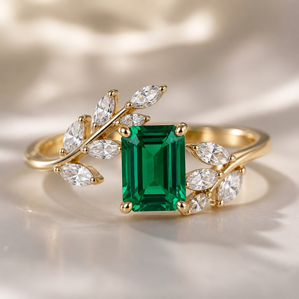 A modern women's ring with diamond stones suitable for engagement, detailed and decorative, moderately ornate. This is a nature-inspired open wrap ring, often called a leaf vine ring or olive branch ring. The band doesn't form a complete circle—instead, it wraps around your finger with two delicate branches meeting at the frontLeaves: The marquise-shaped clear stones represent leaves.
✨ Stones: They are most likely cubic zirconia (CZ) or crystals unless the listing specifically says diamonds.
💛 Metal: The gold color could be gold-plated silver, stainless steel, or solid gold depending on the product.
🔄 Open wrap: The open front gives it a modern, delicate look and may allow slight size adjustment.
I want somewhat big emarald in between right in the centre the attention goes to the emarald it should be classy and timeless
photorealistic jewelry design, A modern women's ring with diamond stones suitable for engagement, detailed and decorative, moderately ornate. This is a nature-inspired open wrap ring, often called a leaf vine ring or olive branch ring. The band doesn't form a complete circle—instead, it wraps around your finger with two delicate branches meeting at the frontLeaves: The marquise-shaped clear stones represent leaves.
✨ Stones: They are most likely cubic zirconia (CZ) or crystals unless the listing specifically says diamonds.
💛 Metal: The gold color could be gold-plated silver, stainless steel, or solid gold depending on the product.
🔄 Open wrap: The open front gives it a modern, delicate look and may allow slight size adjustment.
I want somewhat big emarald in between right in the centre the attention goes to the emarald it should be classy and timeless, modern style, just the design no text