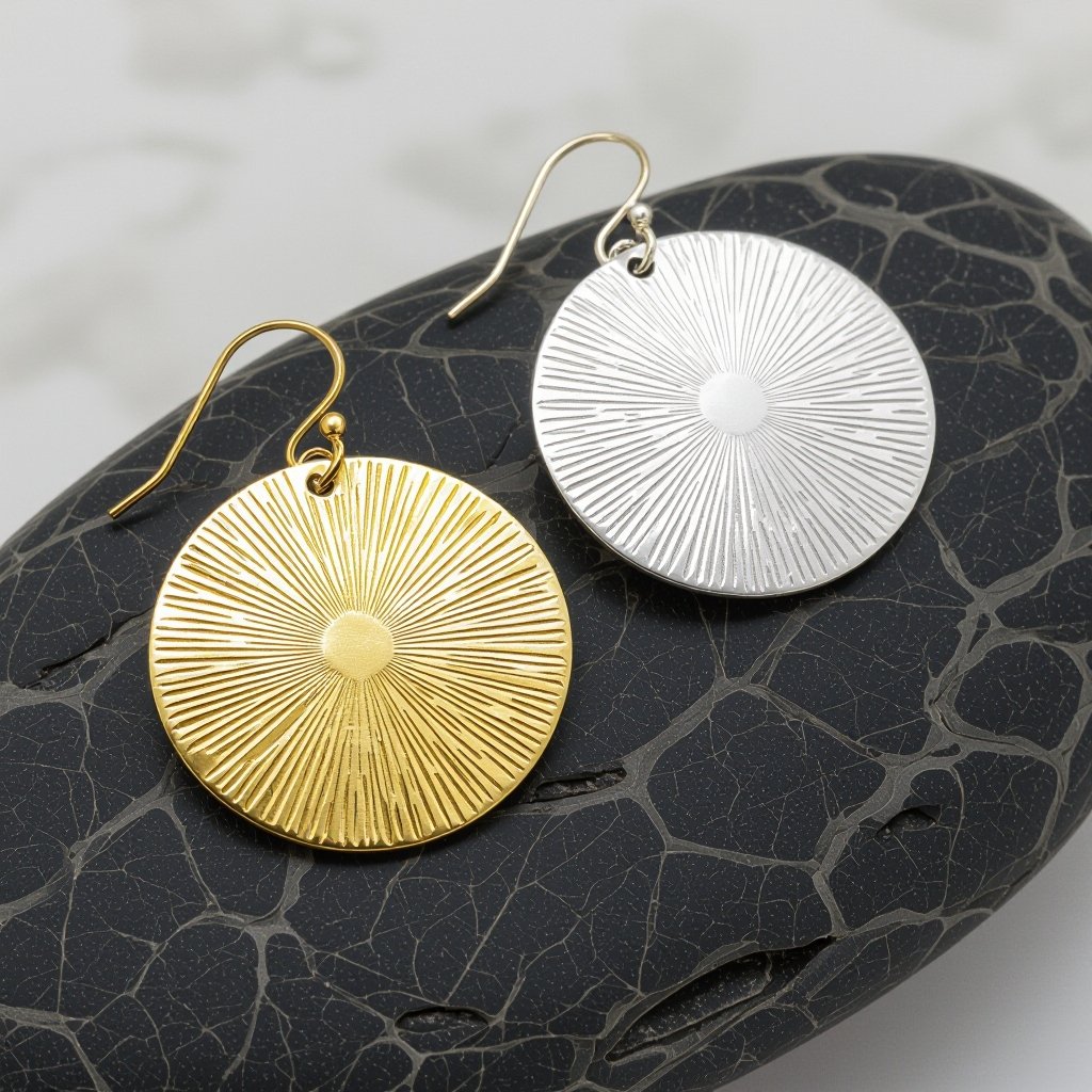 Золотые серьги полукруг половинка горящего солнца мятое неровное золото лучи волнистые другая половинка круга серебряная 