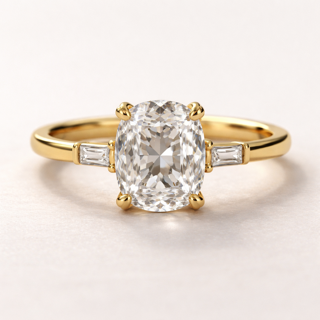 Gold band not thick but not thin. 2.5 carat old mine diamond but rectangle with rounded corners . 2 very small baguettes