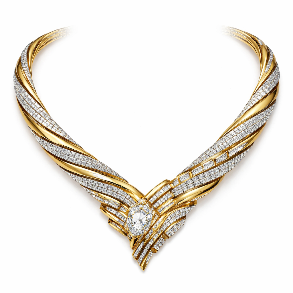 A flexible twisted modern necklace with diamond and gold