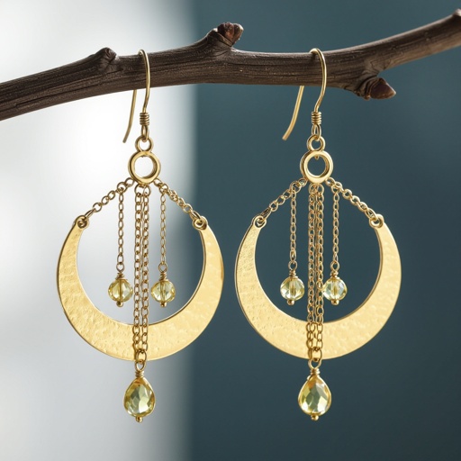 Золотые серьги полумесяц вертикальный 2 см, сверху крепится к швензе. От полумесяца идет три цепочки золотого цвета, у каждой на конце камушек цитрит