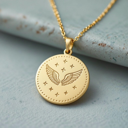 Золотой матовый медальон в форме неровного круга с неровными краями. По краям выпуклые точки сплошной линией. На круге выгравирован ангел без фигуры, видно только крылья и вокруг здездочки и разные узоры и украшен миниатюрными камнями