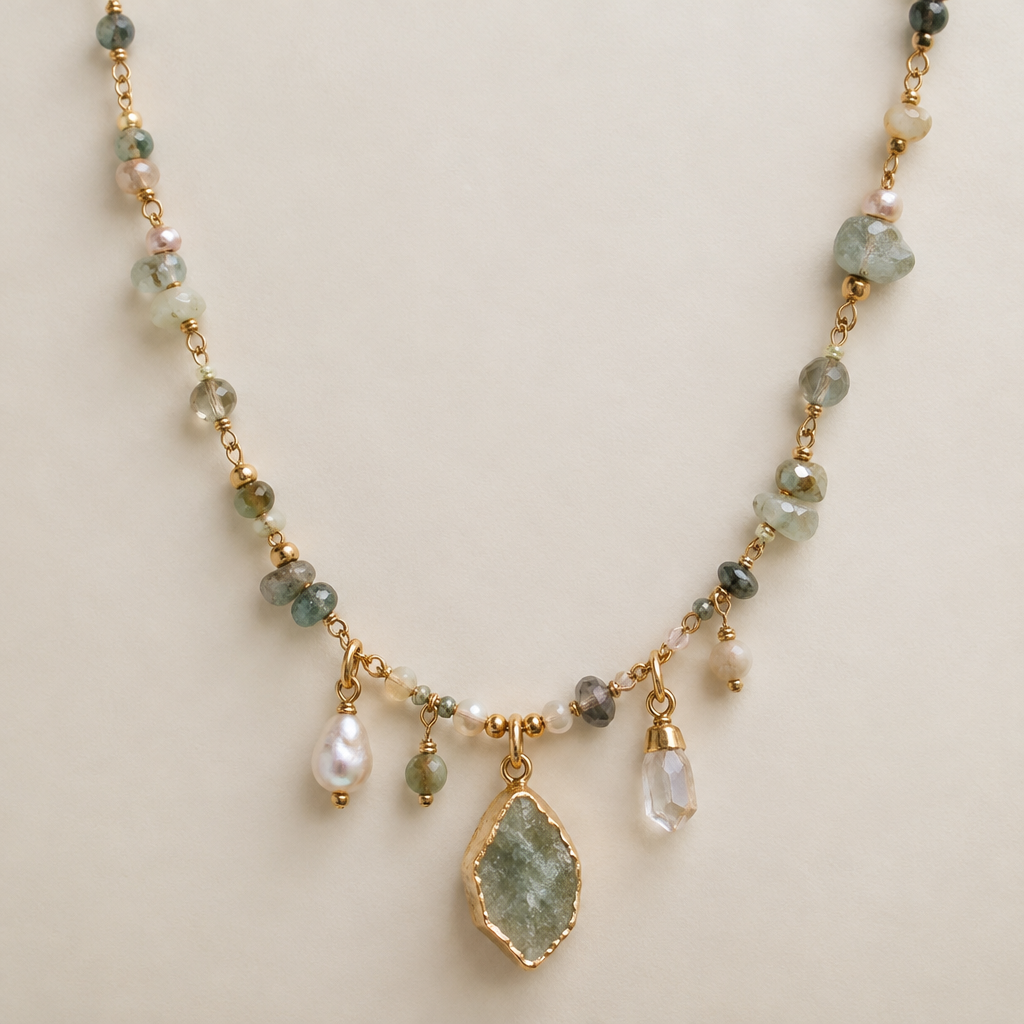 Beaded with chain raw stone charm necklace
photorealistic jewelry design, Beaded with chain raw stone charm necklace, beaded style, just the design no text