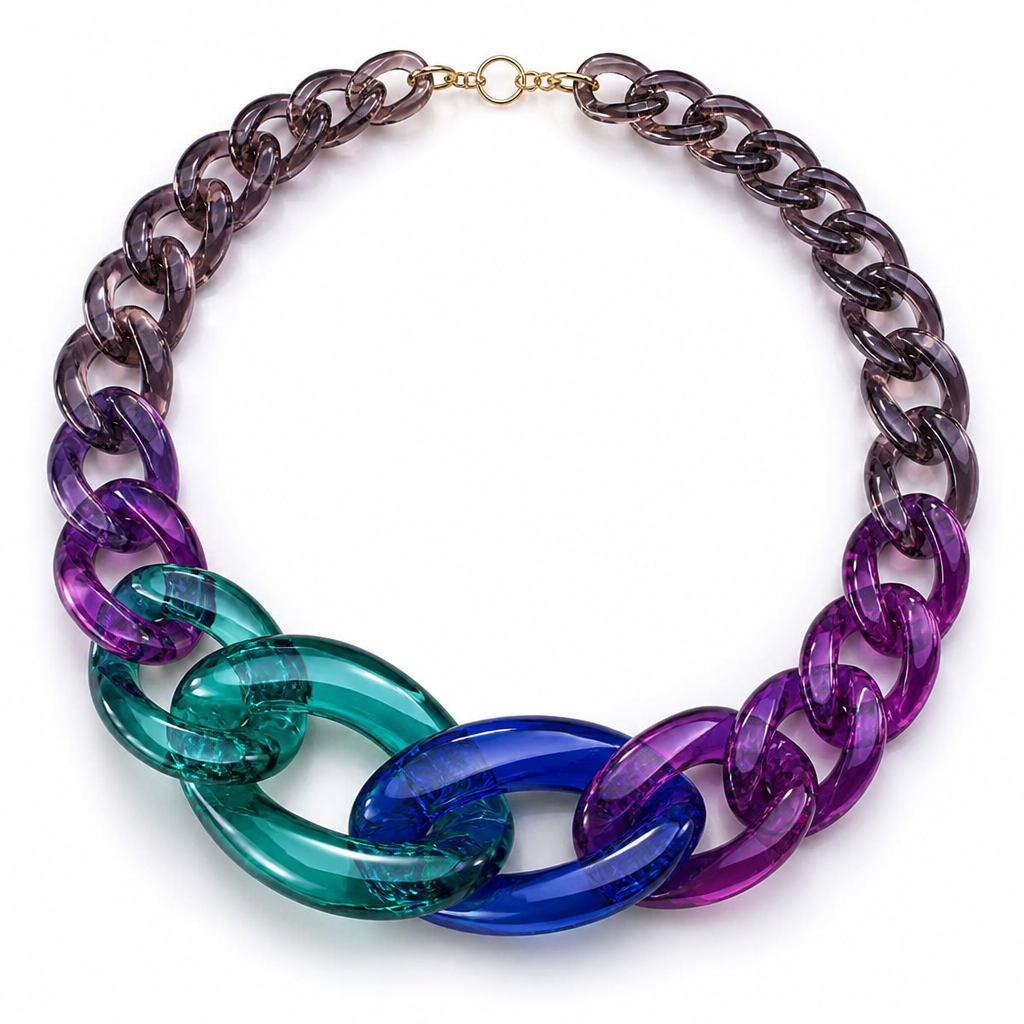 A women's necklace. create a chunky Cuban links style plastic necklace that is graduated and exaggerated in the first three links of translucent colors of jeweltone colors
photorealistic jewelry design, A women's necklace. create a chunky Cuban links style plastic necklace that is graduated and exaggerated in the first three links of translucent colors of jeweltone colors, modern style, just the design no text