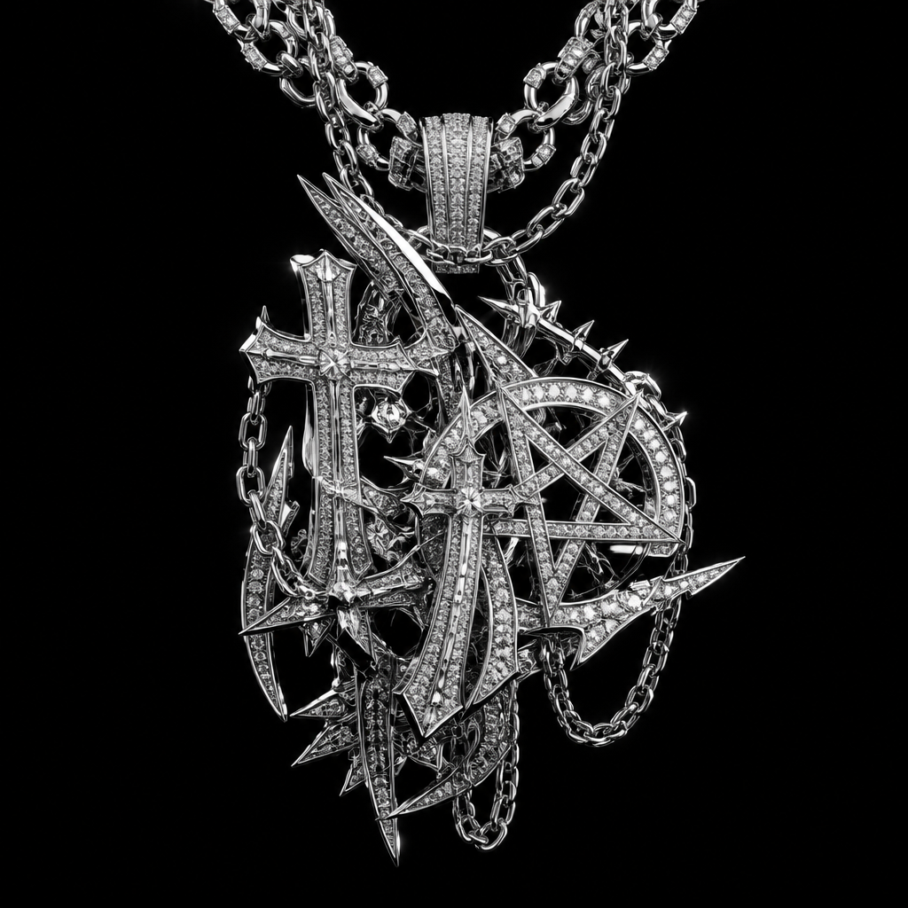 A pavé women's necklace made of white gold suitable for formal. A highly detailed custom luxury pendant necklace inspired by dark underground trap and futuristic streetwear jewelry aesthetics, featuring an extremely chaotic and aggressive composition. Crafted entirely from polished white gold with a cold metallic shine, multiple overlapping chains and intricate gothic-metal details. The centerpiece contains two stylized Christian crosses, a pentagram, and the text “J01” integrated into the pendant design. The symbols are arranged asymmetrically and layered over each other, creating a distorted, chaotic silhouette. Sharp angular geometry, oversized proportions, futuristic gothic elements, heavy jewelry craftsmanship, engraved micro-details, reflective white-gold surfaces, diamond-like accents, dark luxury aesthetic, high-end hip-hop jewelry, dramatic studio lighting, black background, photorealistic 3D jewelry render, ultra-detailed, 8K, product photography.
photorealistic jewelry design, A pavé women's necklace made of white gold suitable for formal. A highly detailed custom luxury pendant necklace inspired by dark underground trap and futuristic streetwear jewelry aesthetics, featuring an extremely chaotic and aggressive composition. Crafted entirely from polished white gold with a cold metallic shine, multiple overlapping chains and intricate gothic-metal details. The centerpiece contains two stylized Christian crosses, a pentagram, and the text “J01” integrated into the pendant design. The symbols are arranged asymmetrically and layered over each other, creating a distorted, chaotic silhouette. Sharp angular geometry, oversized proportions, futuristic gothic elements, heavy jewelry craftsmanship, engraved micro-details, reflective white-gold surfaces, diamond-like accents, dark luxury aesthetic, high-end hip-hop jewelry, dramatic studio lighting, black background, photorealistic 3D jewelry render, ultra-detailed, 8K, product photography., pave style, just the design no text