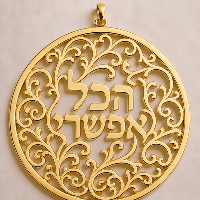 תכתוב באמצע באותיות גדולות את המילים : הכל אפשרי
edit the attached jewelry design with these instructions: תכתוב באמצע באותיות גדולות את המילים : הכל אפשרי. keep it photorealistic, just the design no text