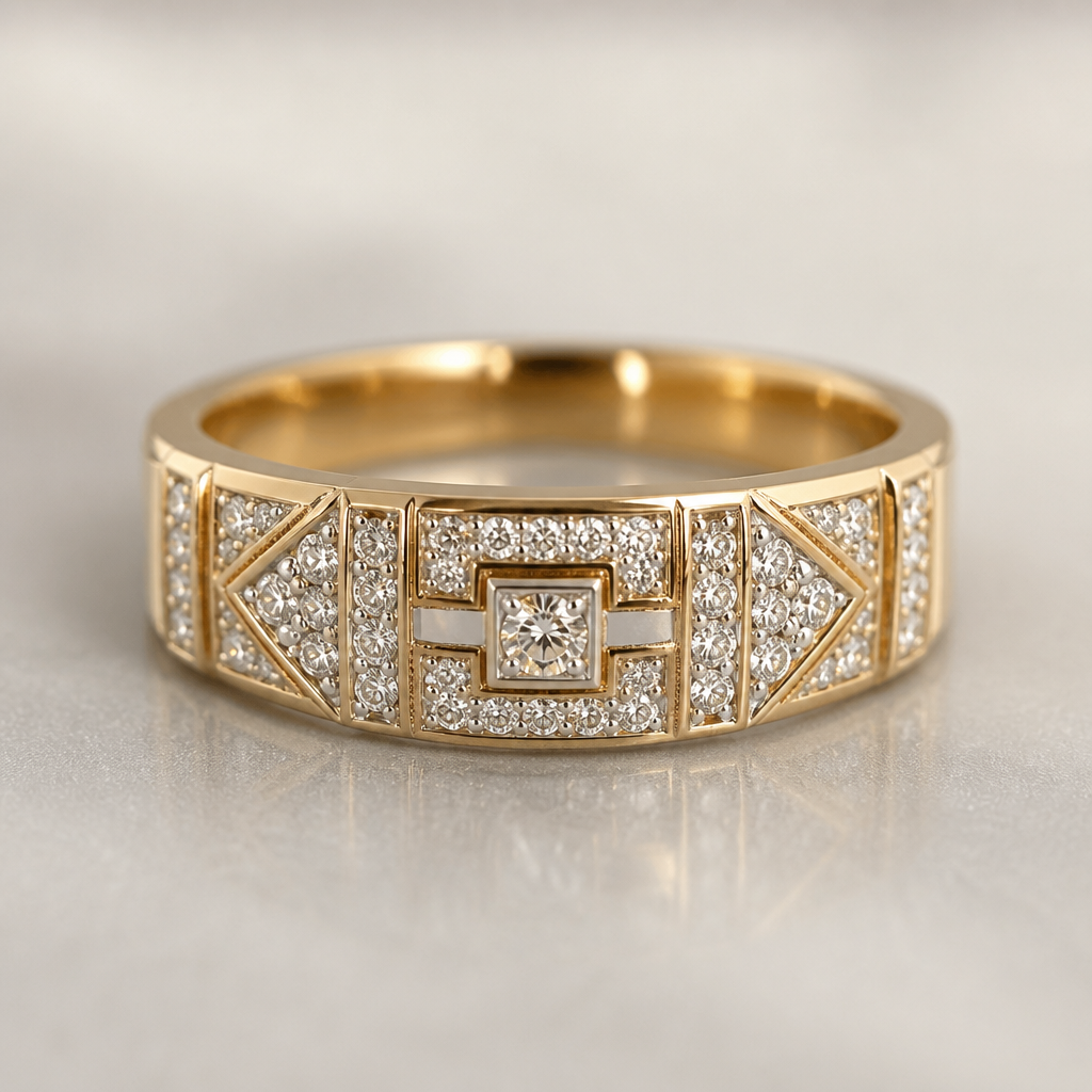 A art deco women's ring made of gold with diamond stones suitable for daily wear. une bague bandeau, motif art déco,
photorealistic jewelry design, A art deco women's ring made of gold with diamond stones suitable for daily wear. une bague bandeau, motif art déco,, art_deco style, just the design no text