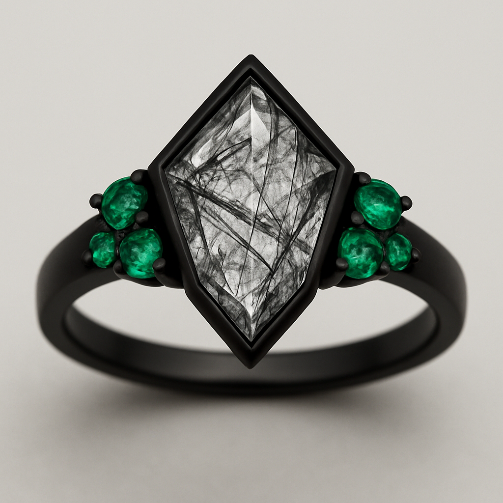 Black band, kite cut tourmalated quartz, emerald accent stones 3 on each side in a cluster 