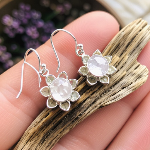 Серьги серебро изящный маленький лотос с необработанным хрусталем в центре