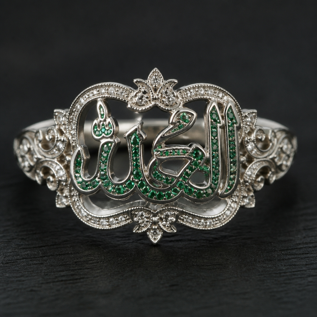 A victorian women's ring made of white gold with emerald stones. make the Ring with the name Muhammad
photorealistic jewelry design, A victorian women's ring made of white gold with emerald stones. make the Ring with the name Muhammad, victorian style, just the design no text
