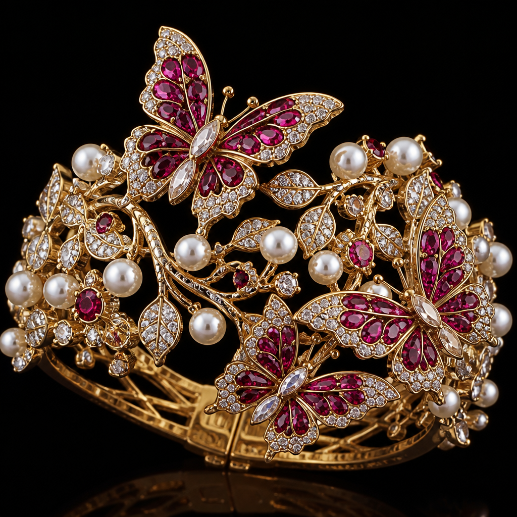 A luxury women's bracelet made of gold with pearl and diamond and ruby stones suitable for gift, highly ornate, intricate and elaborate, richly detailed. a bracelet with a leaf design and three big butterflies with
gemstones in the butterfly
photorealistic jewelry design, A luxury women's bracelet made of gold with pearl and diamond and ruby stones suitable for gift, highly ornate, intricate and elaborate, richly detailed. a bracelet with a leaf design and three big butterflies with
gemstones in the butterfly, luxury style, just the design no text