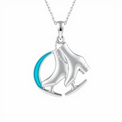 Silver neck less with stylezed figure skating blades with a stripe of turquoise
